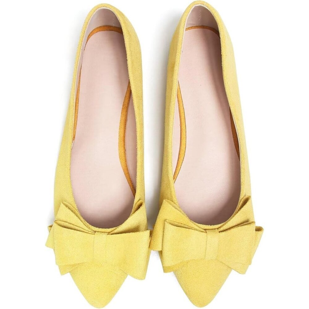 Women's Yellow Bowknot Ballet Flats Pointy Toe Casual Flat Shoes Suede - Picture 3 of 7